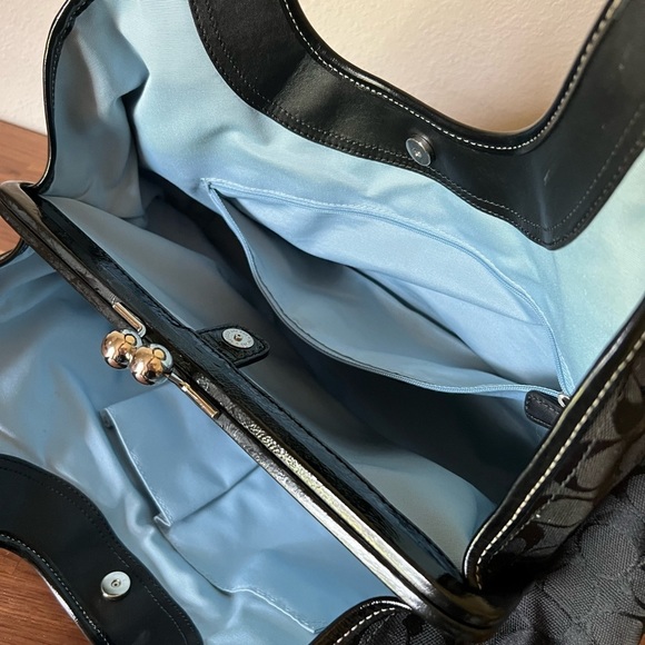 COACH Black Logo Canvas with Patent Leather Trim Shoulder Kiss-lock Satchel - Picture 9 of 12